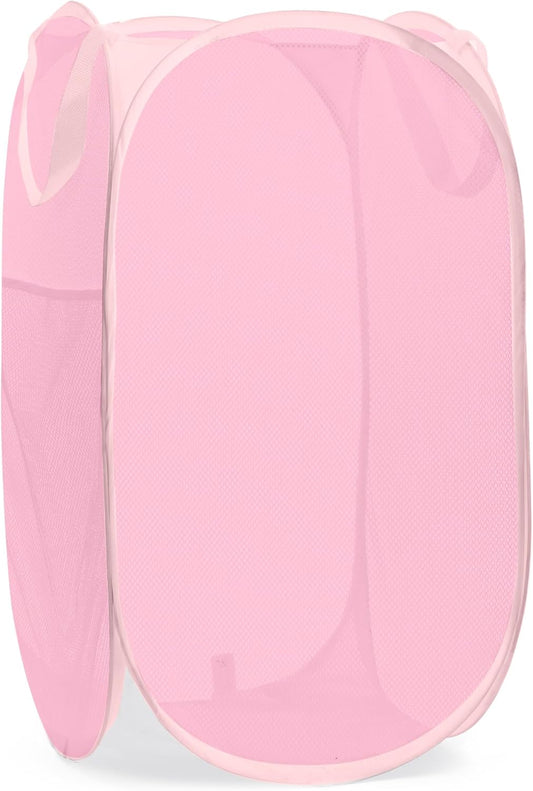 Handy Laundry Collapsible Mesh Pop Up Hamper with Wide Opening and Side Pocket - Breathable, Sturdy, Foldable, and Space-Saving Design for Clothes and Storage (Pink)