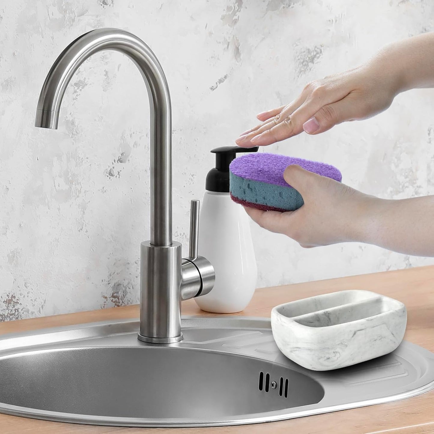 MyGift Modern White Resin Sponge Holder for Kitchen Sink, Countertop Dish Sponge Holder with 2 Compartments and Marble Pattern