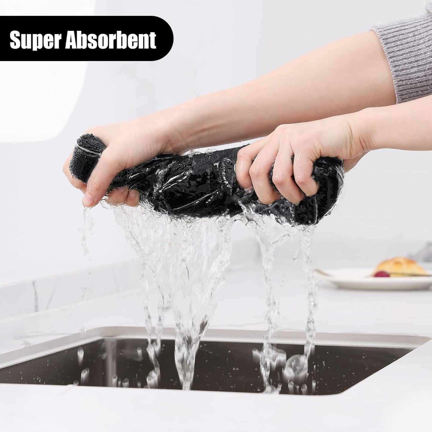 Homaxy Microfiber Kitchen Towels and Dishcloths Set, 12 Pack Soft and Absorbent Dish Hand Towels Bulk, 28 x 16 Inch & 12 x 12 Inch Quick Drying Rags for Washing Dishes, Black