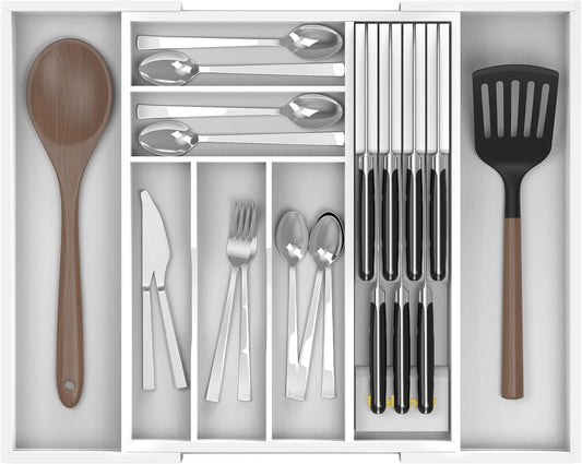 Bamboo Kitchen Drawer Organizer, Expandable Utensil Organizer with Removable Knife Block, Cutlery Tray Holder with Divider, Adjustable Silverware Organizer, White