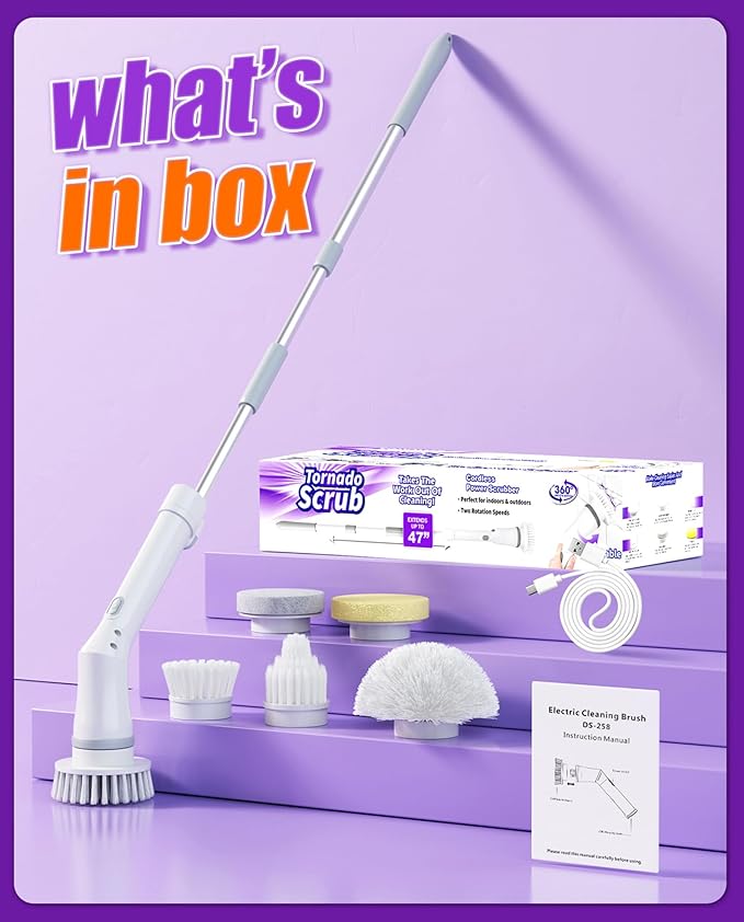 NBONEBS Electric Spin Scrubber, Cordless Shower Scrubber Rotary Floor Brushes & Pad Drivers with 6 Brush Heads - 2H Dual Speed, IPX7 Waterproof Extension Handle for Bathroom Tile Car Cleaning (White)