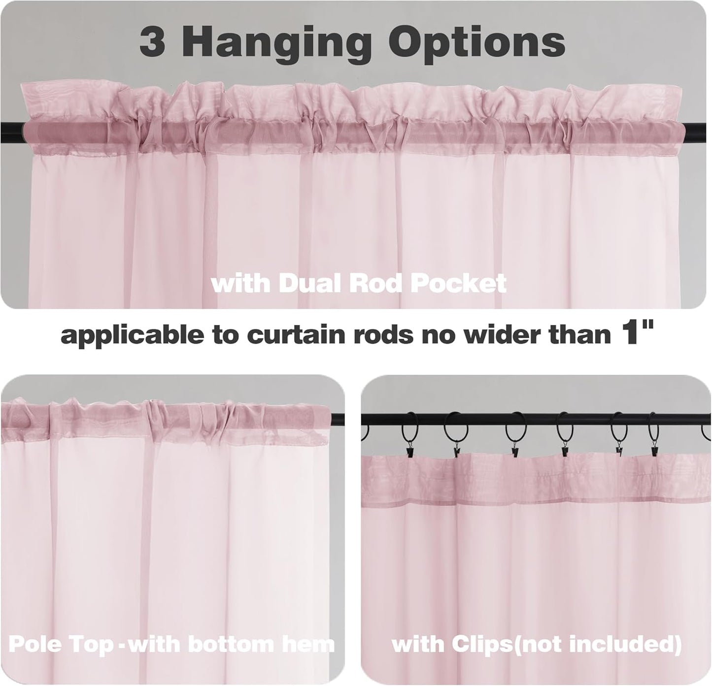 Chyhomenyc Sheer Curtains 36 inch Length 2 Panels, Light Filtering Voile Rod Pocket Short Window Sheer Curtians for Bathroom Living Room, 2PCS, Blush Pink