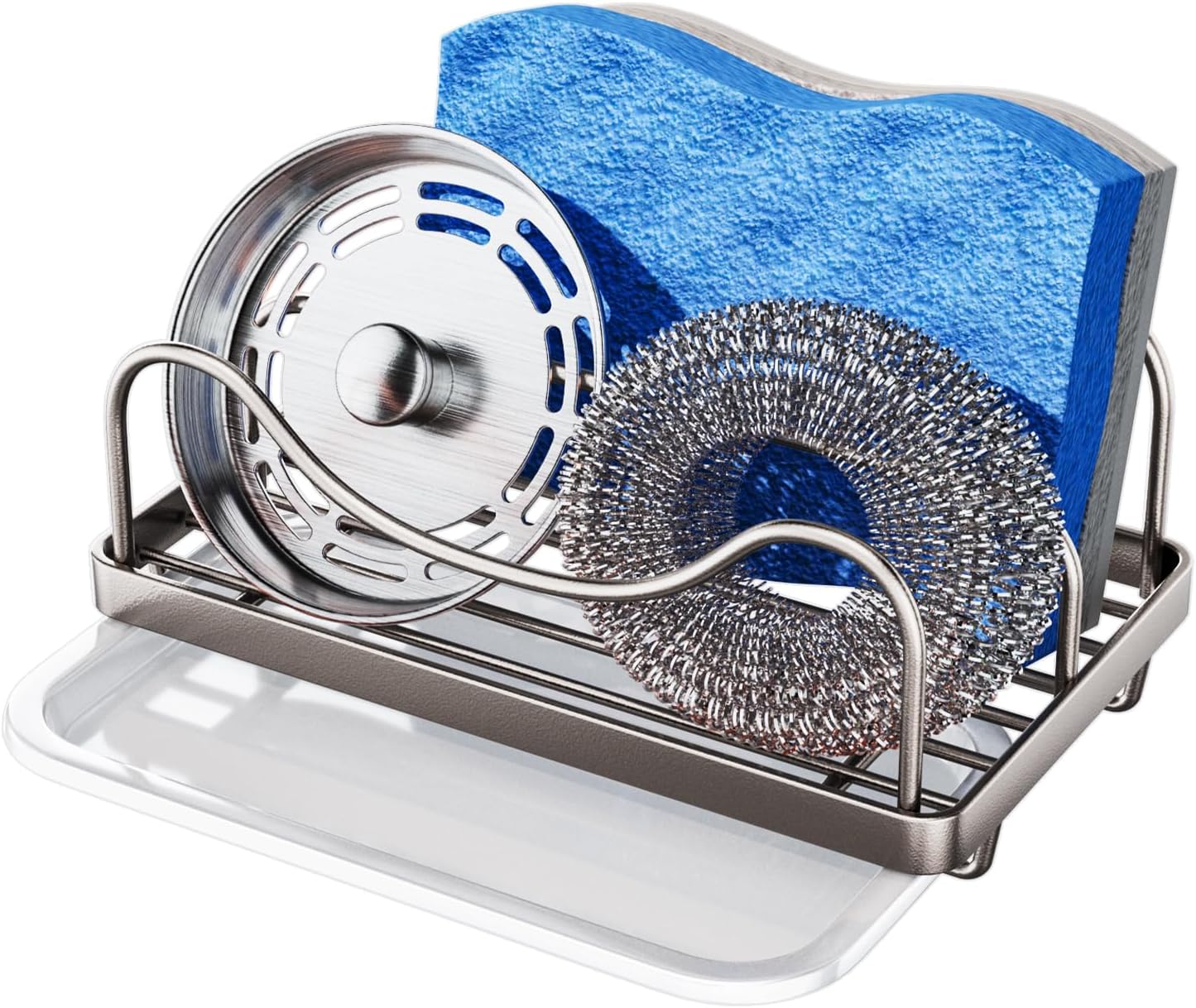 Consumest Sponge Holder for Kitchen Sink - Movable Sink Caddy for Countertop Organizer, 304 Stainless Steel Sponge Holder with Detachable Drip Tray for Kitchen Accessories, Sand Nickel