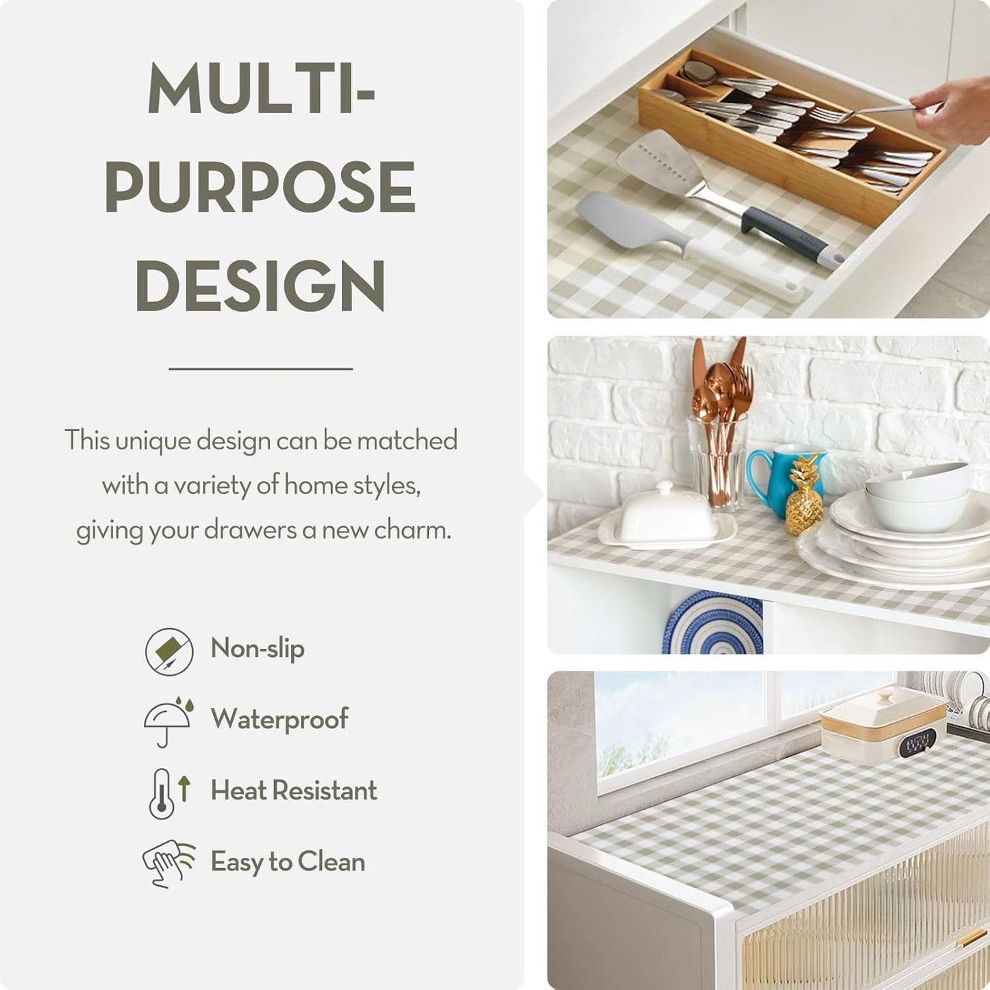 Drawer Shelf Liner, Non-Slip Kitchen Cabinet Liners Non-Adhesive Thick Strong Grip Waterproof Mats Protect Dresser Shelves Cupboard Bathroom Cabinets, Green Plaid, 23.6 in X 10 FT