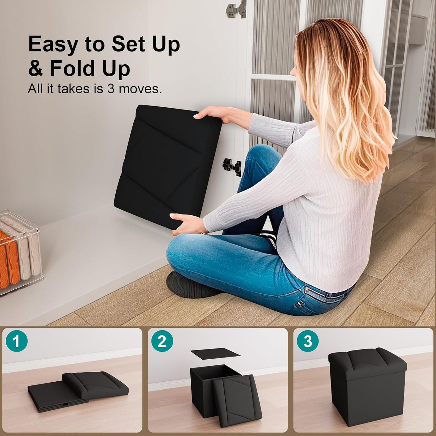 Folding Storage Ottoman Bench, 15 Inches End of Bed Bench,Folding Ottoman Storage for Bedroom, Entryway and Living Room, 15"x15"x15",Black