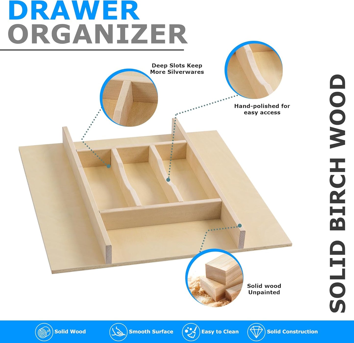 WelFurGeer Premium Wooden Silverware Organizer for Kitchen Drawers, Utensil Tray for Kitchen Drawer, Cutlery Drawer Organizer for Forks, Spoons, Knives - Sturdy Birchwood, Natural Finish