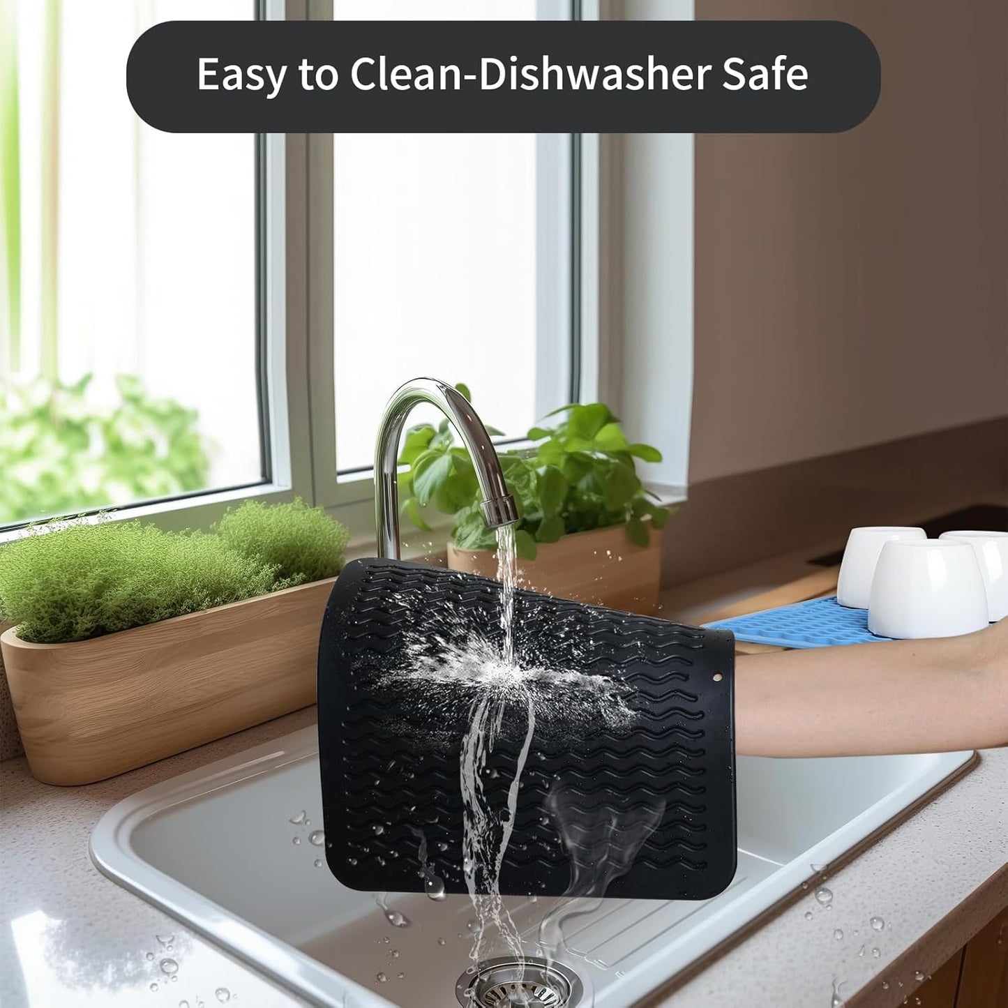 ZLR 2 Pcs Silicone Dish Drying Mats for Kitchen Counter, Eco-Friendly Fast Dry Dish Mat, Easy Clean Multi Usage Drying Matt, Heat Resistant Trivet, 12" x 12" Middle, Black