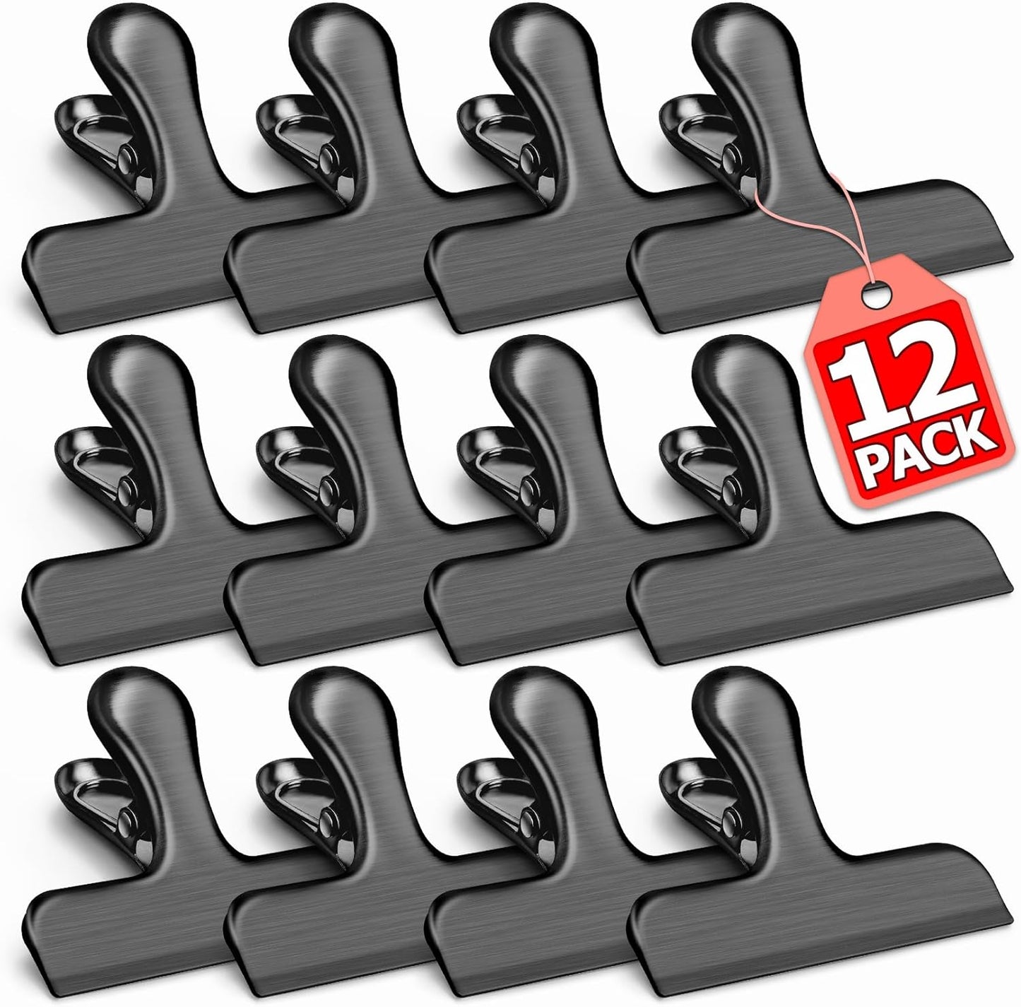 VNDUEEY 12 Pack Stainless Steel Chip Clips, Bag Clips for Food, Heavy Duty Chip Clip for Kitchen and Office to Seal Coffee Bags, Paper Sheets, Metal Clip Air Tight Seal-3 Inches, Black