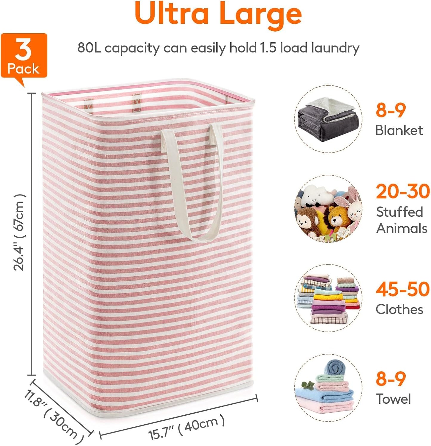 Lifewit 3 Pack Laundry Hamper Large Collapsible Laundry Baskets, Freestanding Waterproof Clothes Hamper with Easy Carry Handles in Laundry Room Bedroom Bathroom College Dorm for Adults, Pink, 3 x 80L