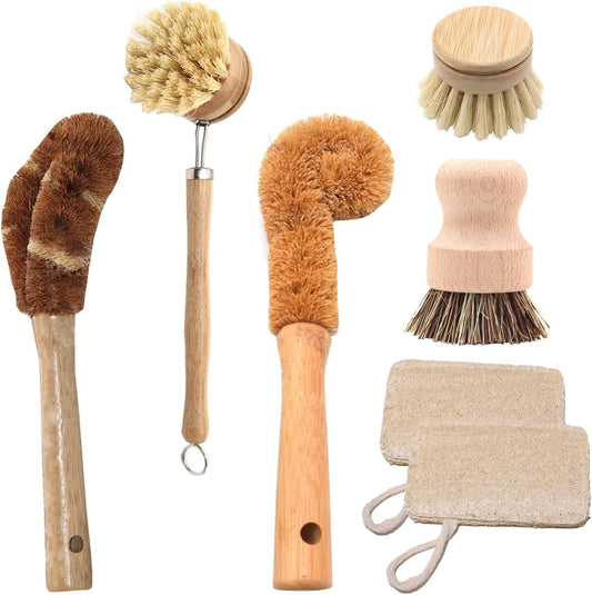 Haploon 7 Piece Wooden Dish Brush Natural,Bamboo Brush Kitchen Set Dish Cleaning Brush Pot Brush & Bottle Cleaner Beech Wood & Natural Bristles Bamboo Scrub Brush for Dishes Plastic Free