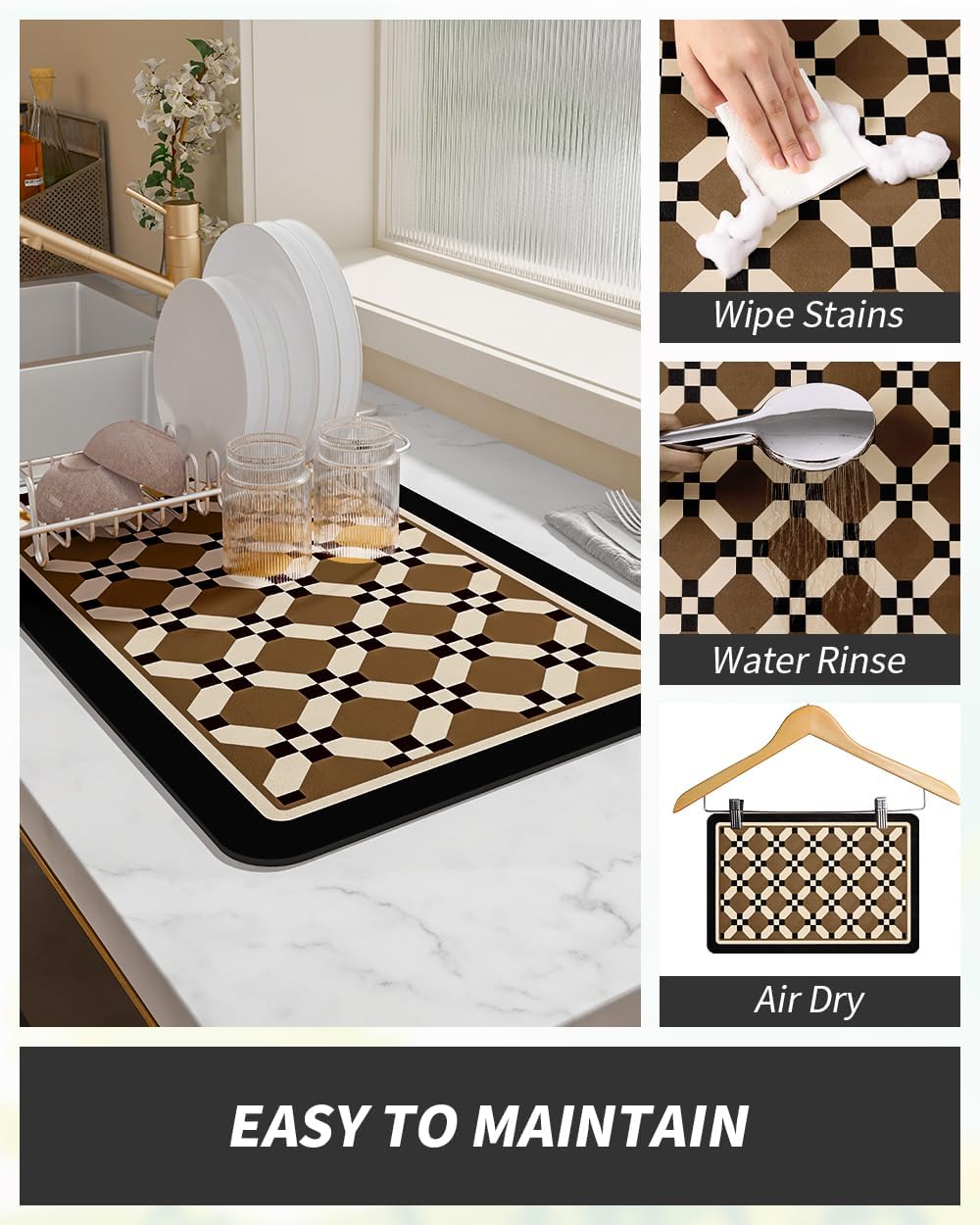 AMOAMI Coffee Mat Hide Stain Rubber Backed Absorbent Dish Drying Mat for Kitchen Counter - Fits Under Coffee Maker or Machine - PEANUT 12X19