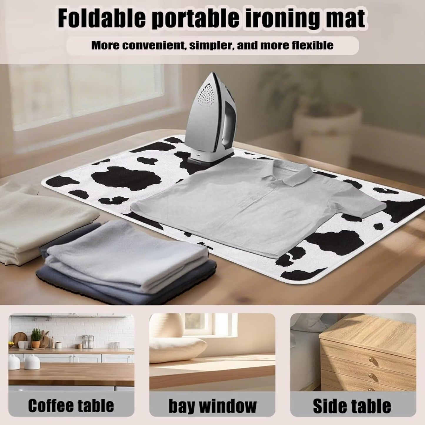 Cow Print Ironing Mat Portable Ironing Pad,Black and White 32 x 16 Inch Large Ironing Mat for Table Top of Washer, Dryer, Table Top, Countertop, Heat Resistant Iron Board Pads