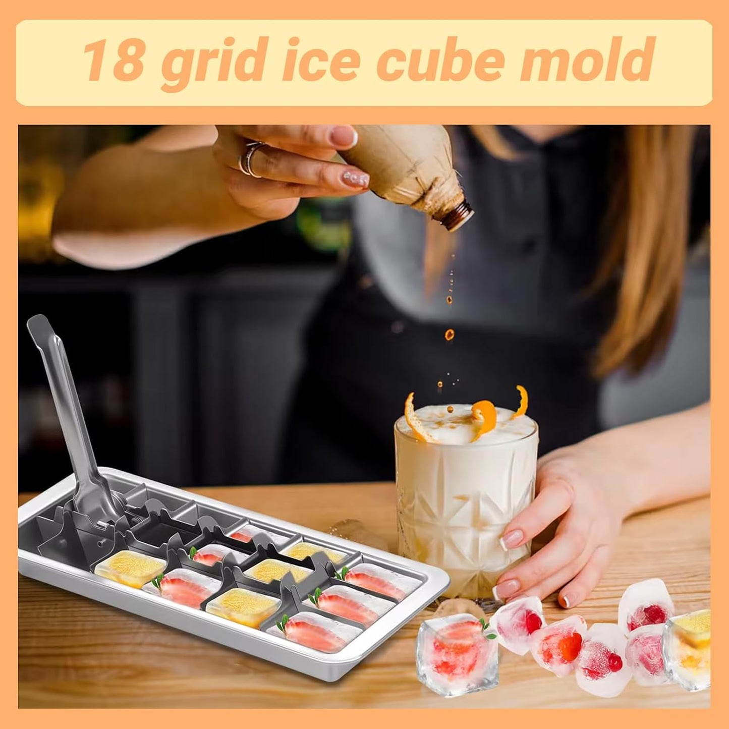 Professional Ice Cube Trays Stainless Steel - 18-Slot Heavy Duty Metal Icecube Mold, Non-Toxic Freezer Tray with Lever Release, Bar & Kitchen Use, Send Goods from Local Warehouse