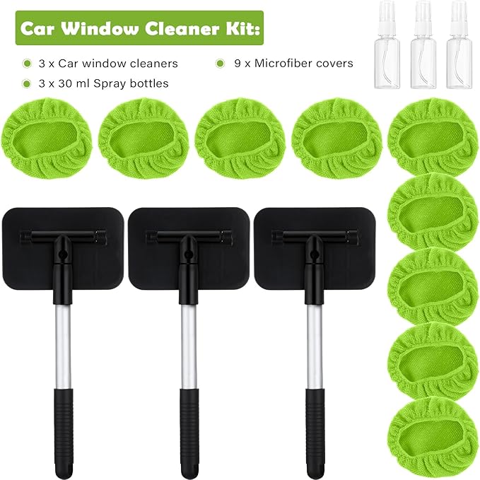 Frienda 3 Set Windshield Cleaner Tool Inside Car Window Cleaner Tool with 3 Extendable Handle 9 Reusable Microfiber Pads and 3 Spray Bottles for Auto Home Interior Exterior Glass Cleaning(Green)
