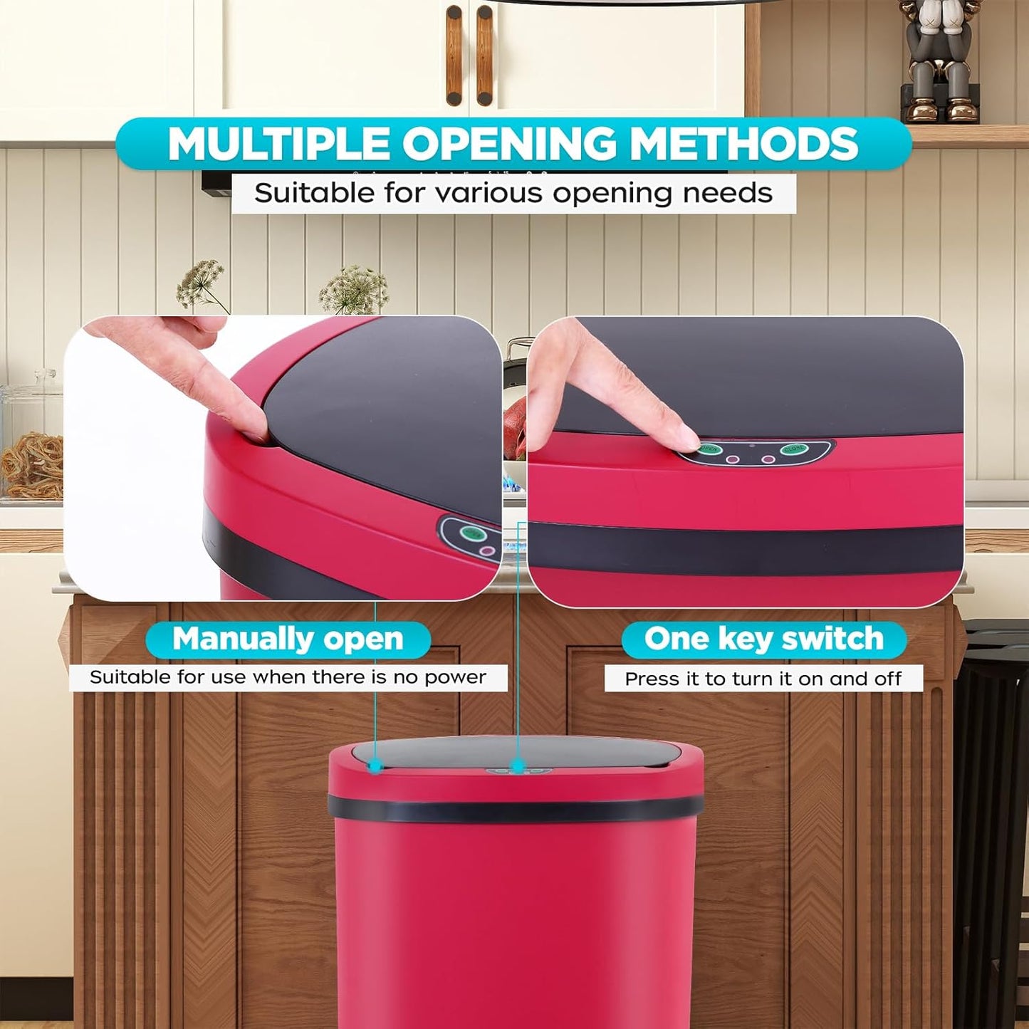 Automatic Motion Sensor Bathroom Trash Can with Lid, 13 Gallon Touchless Trash Bin, Smart Dog Proof Garbage Can, Touch Free Waste Basket for Toilet, Office, Bedroom,Red,2