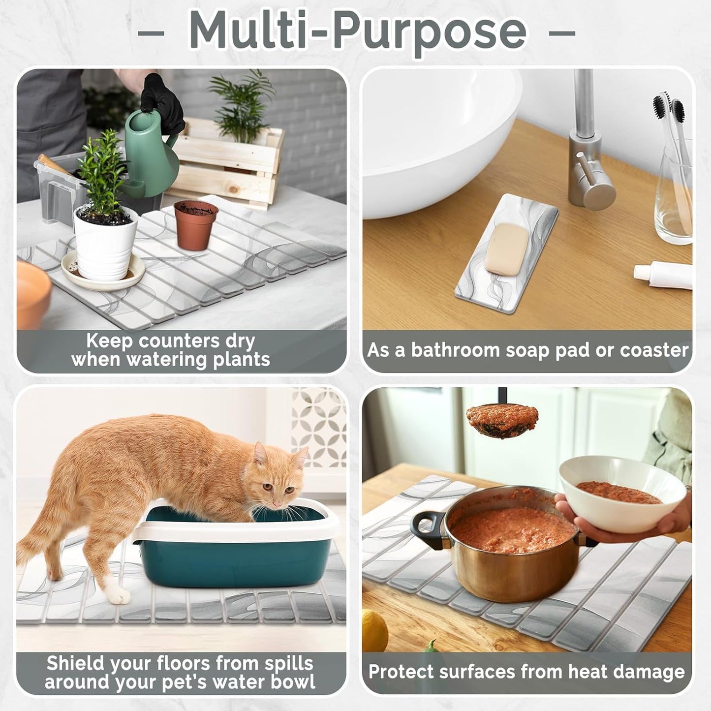 2 PCS Large Stone Dish Drying Mat for Kitchen Counter,Quick Dry Stone Dishes Mats,Marbled Water Absorbing Diatomaceous Earth Drying Pad for Countertop Bottles Utensils Cups（Black White 24"×16"&8"x4"）