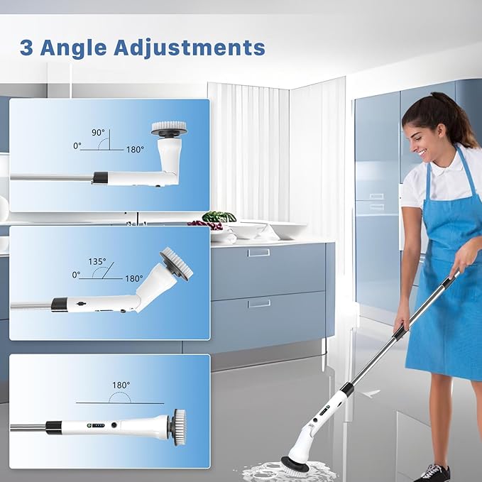 Electric Spin Scrubber, Hillyfe Bath Scrubber for Cleaning with 7 Replaceable Brush Heads, IPX7 Waterproof,300/400 RPM, 3 Adjustable Size,Cordless Shower Cleaner Brush for Bathroom Floor,White