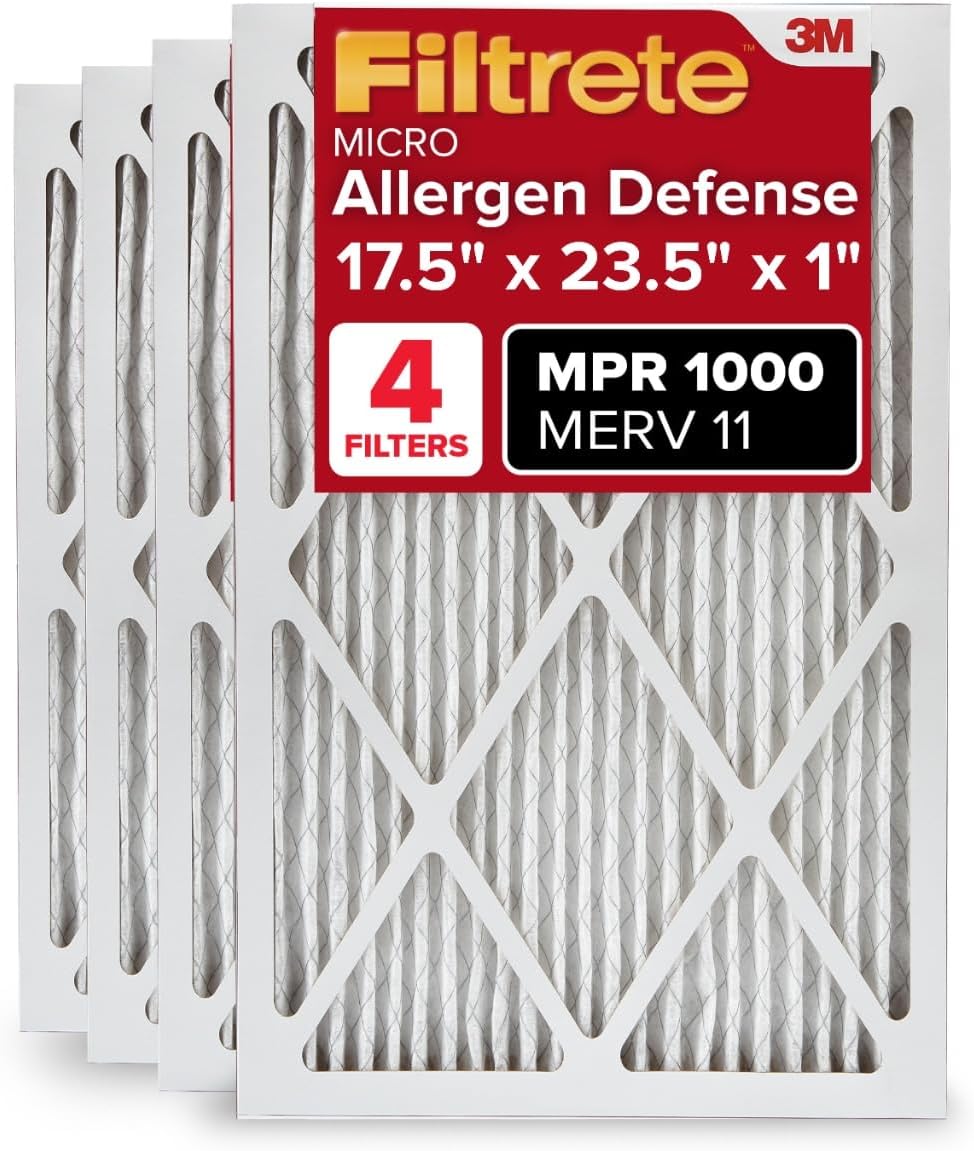 Filtrete 17.5x23.5x1 AC Furnace Air Filter, MERV 11, MPR 1000, Micro Allergen Defense, 3-Month Pleated 1-Inch Electrostatic Air Cleaning Filter, 4 Pack (Actual Size 17.19x23.19x0.81 in)