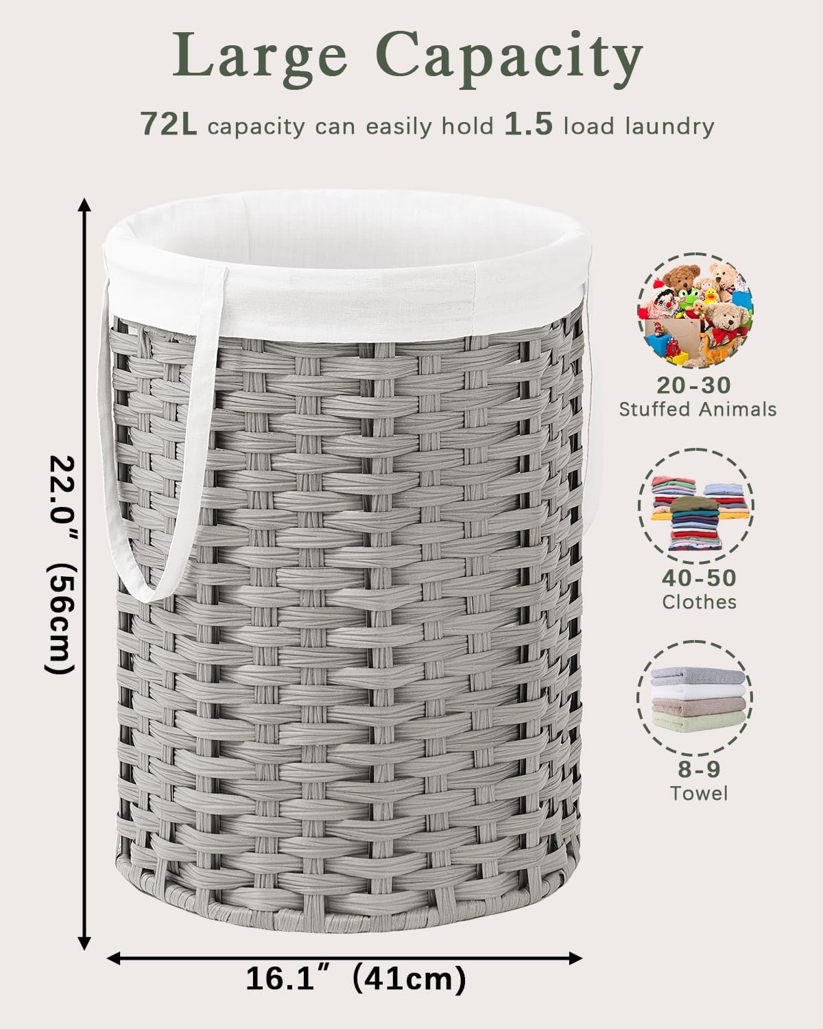 Laundry Hamper Laundry Basket Round 19.0 Gal (72 L) Handwoven Rattan Laundry Basket, Large Wicker Laundry Hamper with Removable Laundry Bag Handles 2 Mesh Bags for Bathroom Living Room Gray