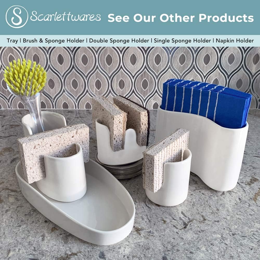 Kitchen Sink Caddy Dish Sponge Holder and Scrub Brush Dish Wand Holder Ceramic White Farmhouse Modern