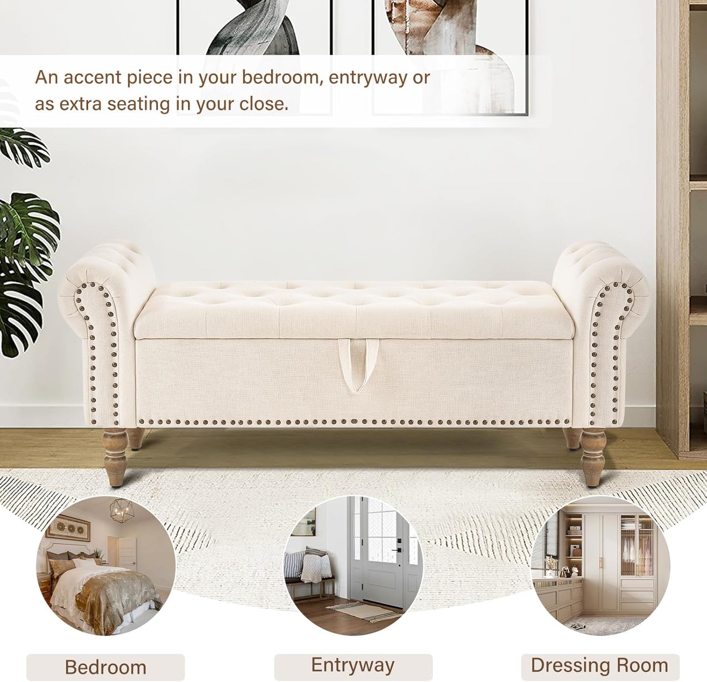 Furnimart Storage Bedroom Bench for End of Bed, Faux Linen Upholstered Storage Ottoman with Rolled Arms for Bedroom,Living Room, Entryway, 2.5Cubic Feet