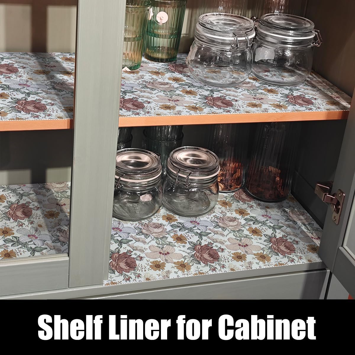 Floral Drawer Shelf Liners, 16IN x 10FT Non Adhesive and Strong Non-Slip Cabinet Drawer Shelf Liners for Kitchen Wire Fridge, Waterproof Shelf Liner,Easy to Clean