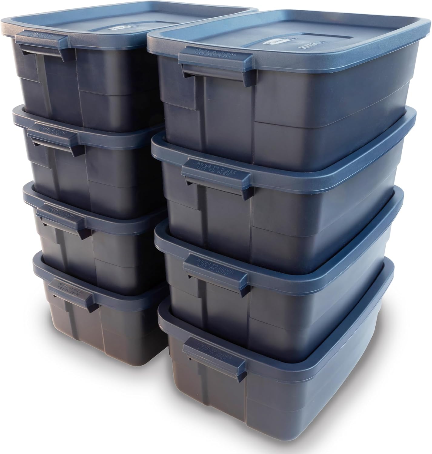 Rubbermaid Roughneck Tote 10 Gal, 8 Pack, Made in USA, Dark Indigo Metallic, Rugged Plastic Stackable Storage Bins with Lids and Handles