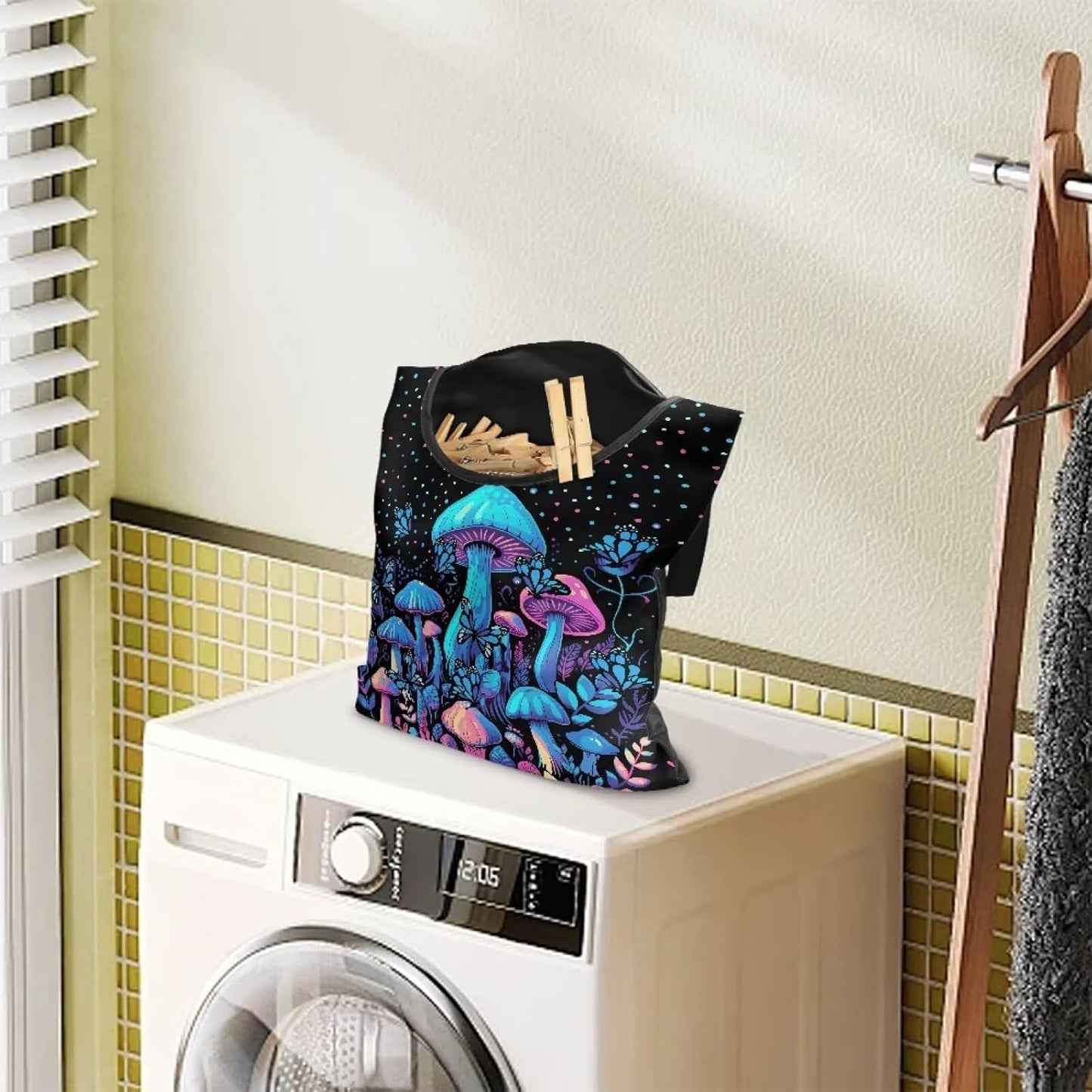 Blue Mushroom Adjustable Door-Hanging Laundry Clothespin Bag Clothespin Storage Bag Laundry Clothespin Bag, Hanging Storage Organizers with Hanging Rope for Home Outdoor