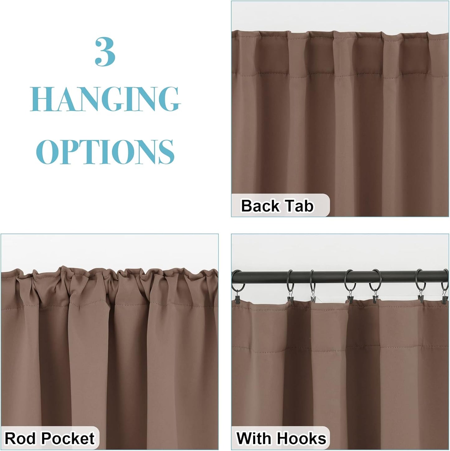 RYB HOME Decorative Curtain Drapes for Coffee, Blackout Window Panels Thermal Insulated Shades Block Summer Heat & Winter Cold for Energy Saving, 42-inch Wide x 72-inch Long, Mocha, 2 Panels