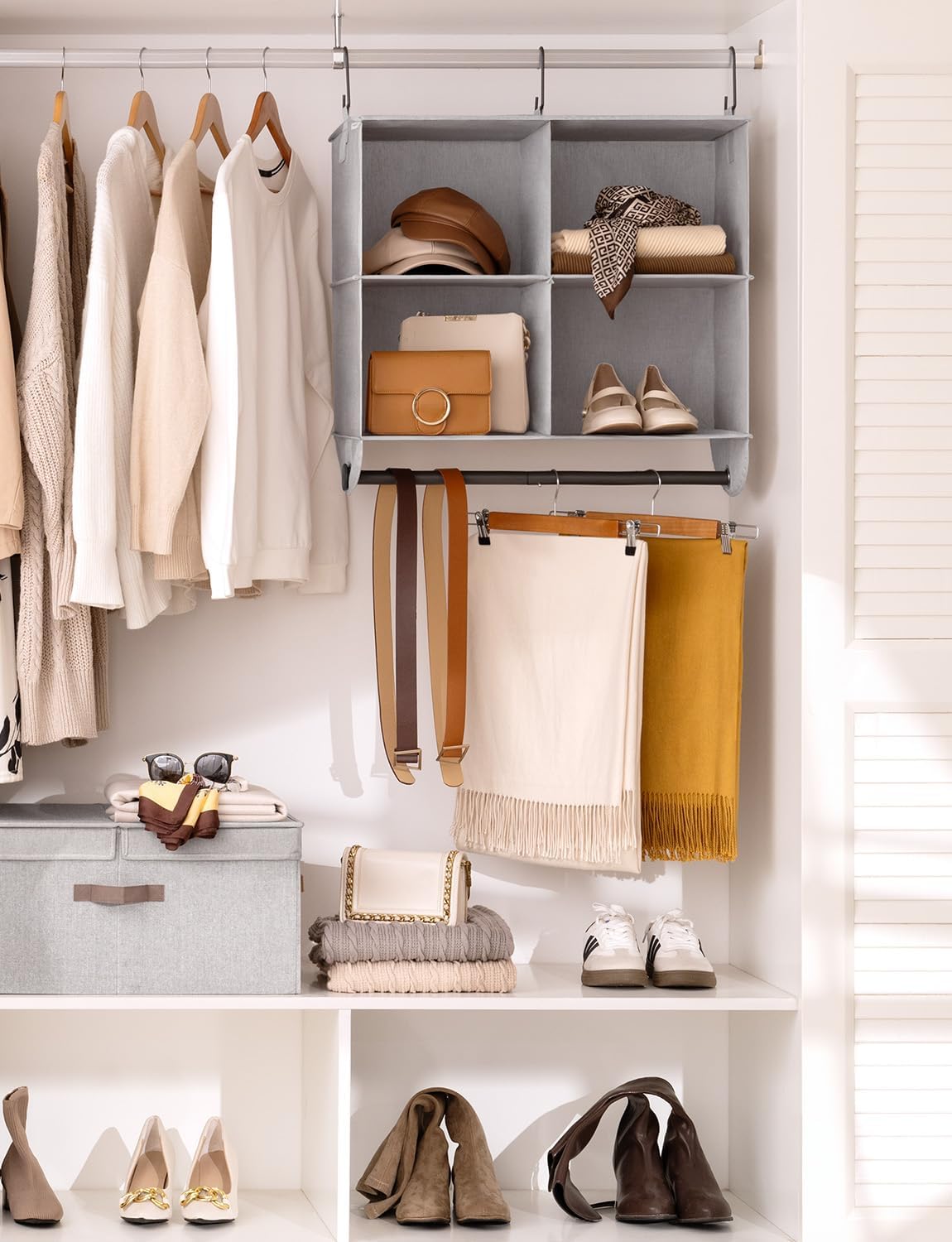 StorageWorks Hanging Closet Organizer with Metal Rod, 4-Section Closet Organizers and Storage, Collapsible Hanging Shelves for Closet, Bedroom, Kids Dorm Room, RV Camper, Gray and White