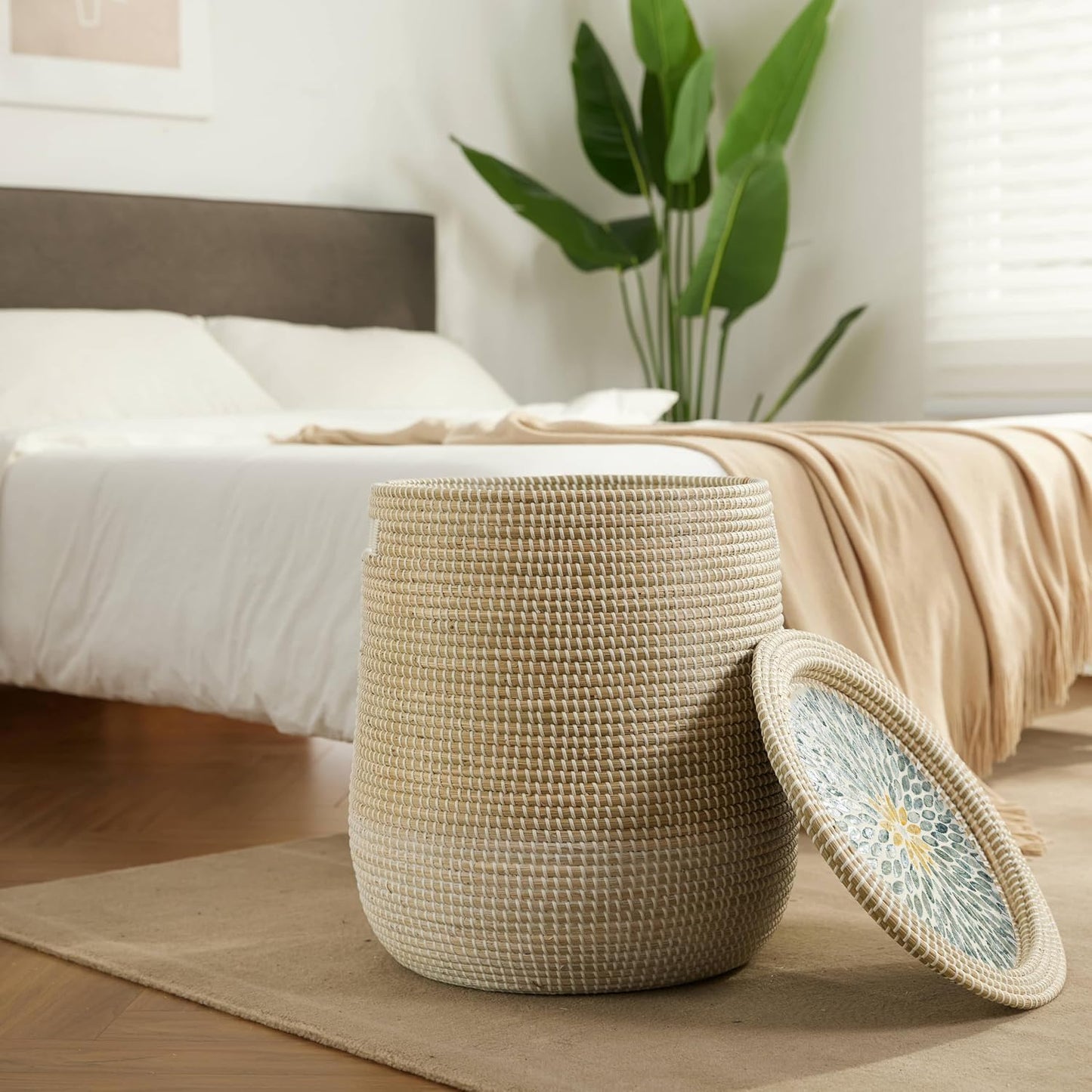 Round Seagrass Laundry Hamper with Lid, 2-Piece Set - Eco-Friendly Storage Basket for Clothes, Toys, and More - Natural Woven Design for Home, Bedroom, Bathroom