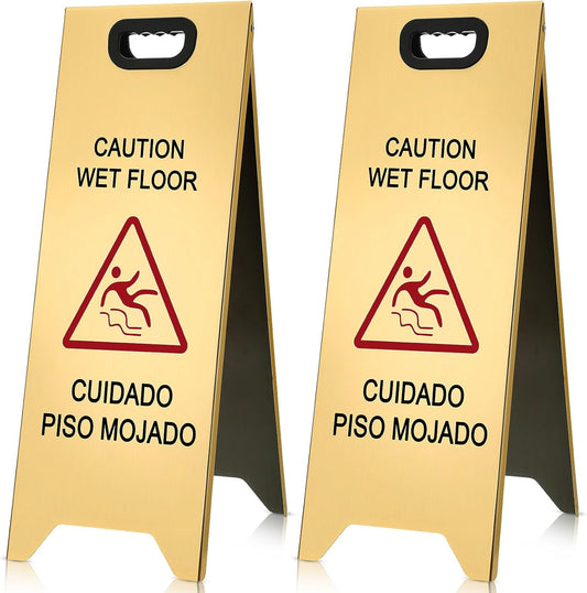 2 Pcs 24 Inch Stainless Steel Wet Floor Sign, Heavy Duty Caution Wet Floor Sign Double Sided Portable Foldable Bilingual Safety Warning for Restaurant Restroom Office Avoid Fall (Gold)