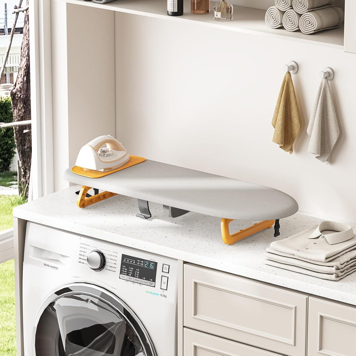 KINGBOARD Tabletop Ironing Board, Small Ironing Board with Iron Holder, Foldable Mini Iron Board, Easy Storage for Travel & Dorm, 12x32 Grey