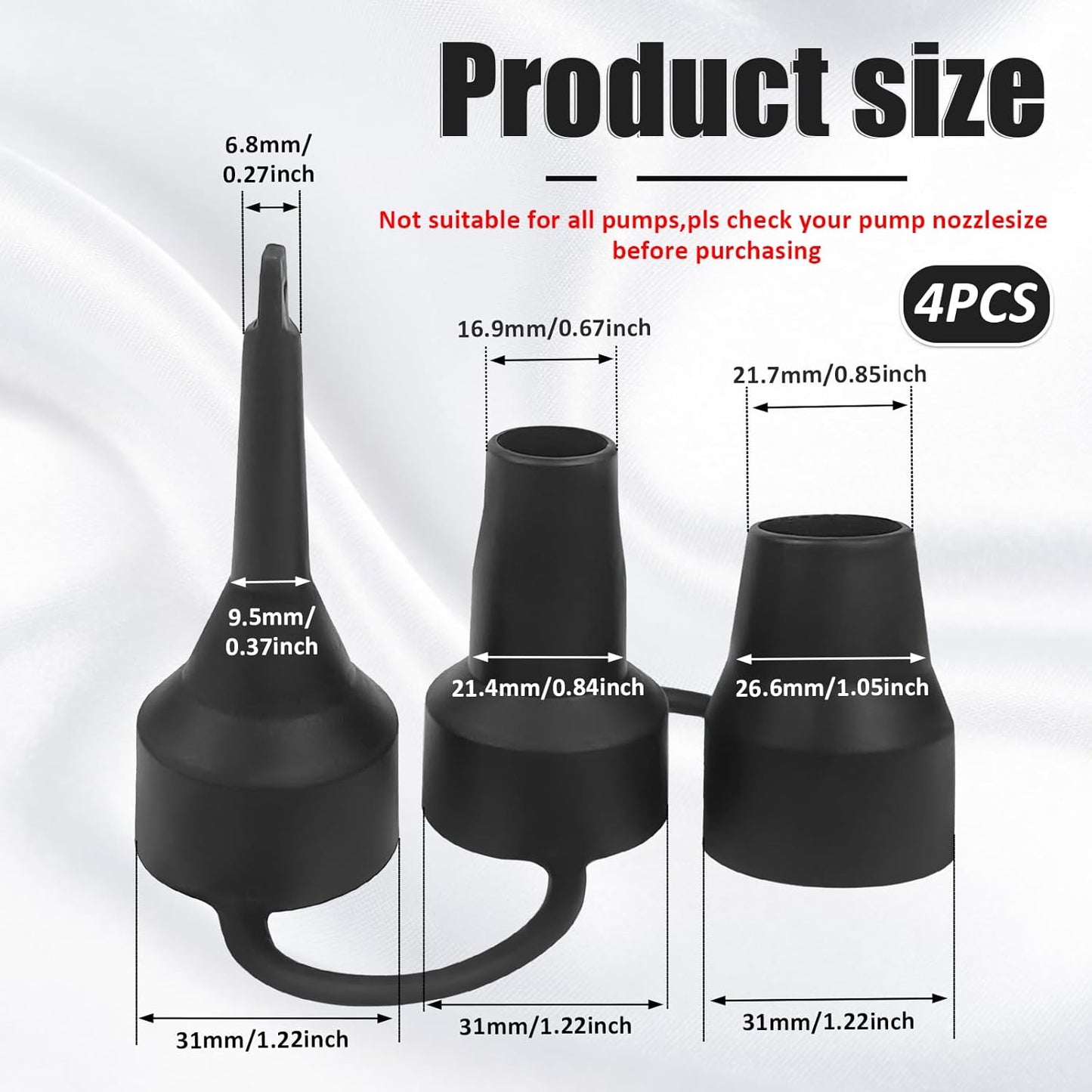 4 Set Air Pump Replacement Nozzles Head with 3 Sizes Plastic Inflatable Pump Adaptor Accessory for Partial Air Mattress Bed