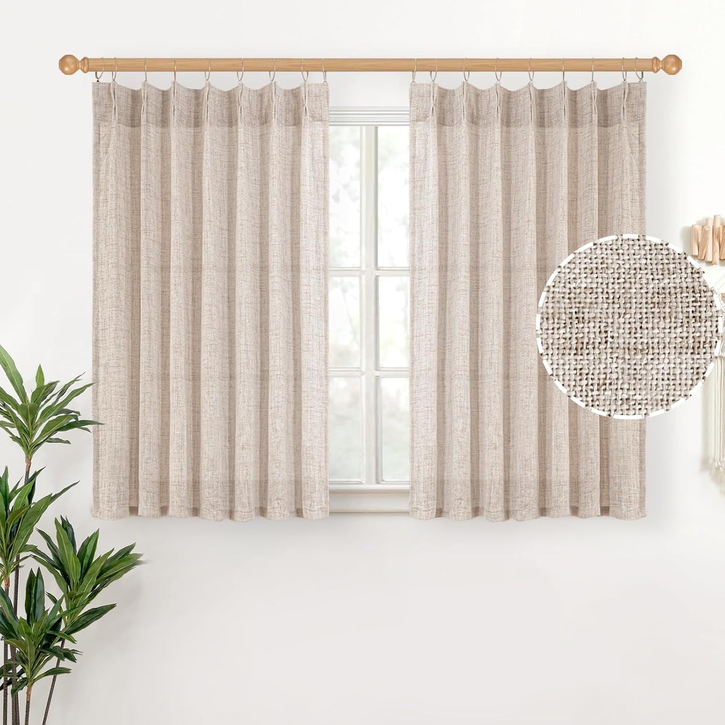 YoungsTex Natural Linen Curtains 40 Inch Length for Kitchen Window, Short Semi Sheer Drapes Light Filtering for Cafe Bathroom Window, 2 Panels, 40 X 40 Inch