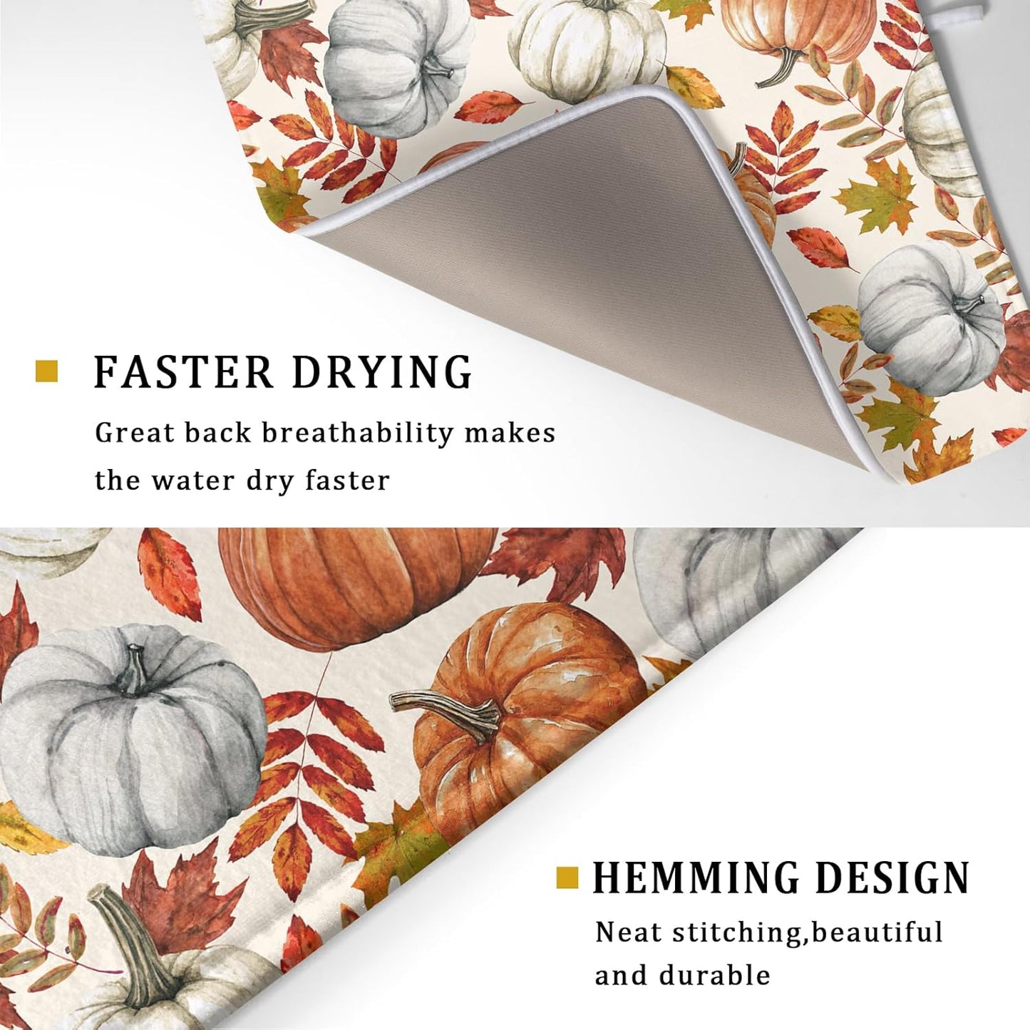 Fall Dish Drying Mat for Kitchen Counter 18x24 Inch Fall Pumpkin Kitchen Mat Thanksgiving Harvest Drying Mats Absorbent Reversible Dish Pad Autumn Maple Leaves Draining Mat for Countertop Protector