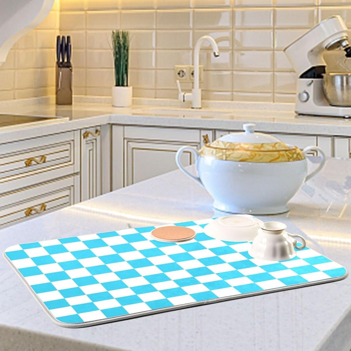 Turquoise Chessboard Dish Drying Mat for Kitchen Countertop 16x18 Teal Plaid Checkered Rectangle Small Drying Mat Reusable Quick Dry Dish Sink Absorbent Mats Easy Clean Decorative Home Essentials