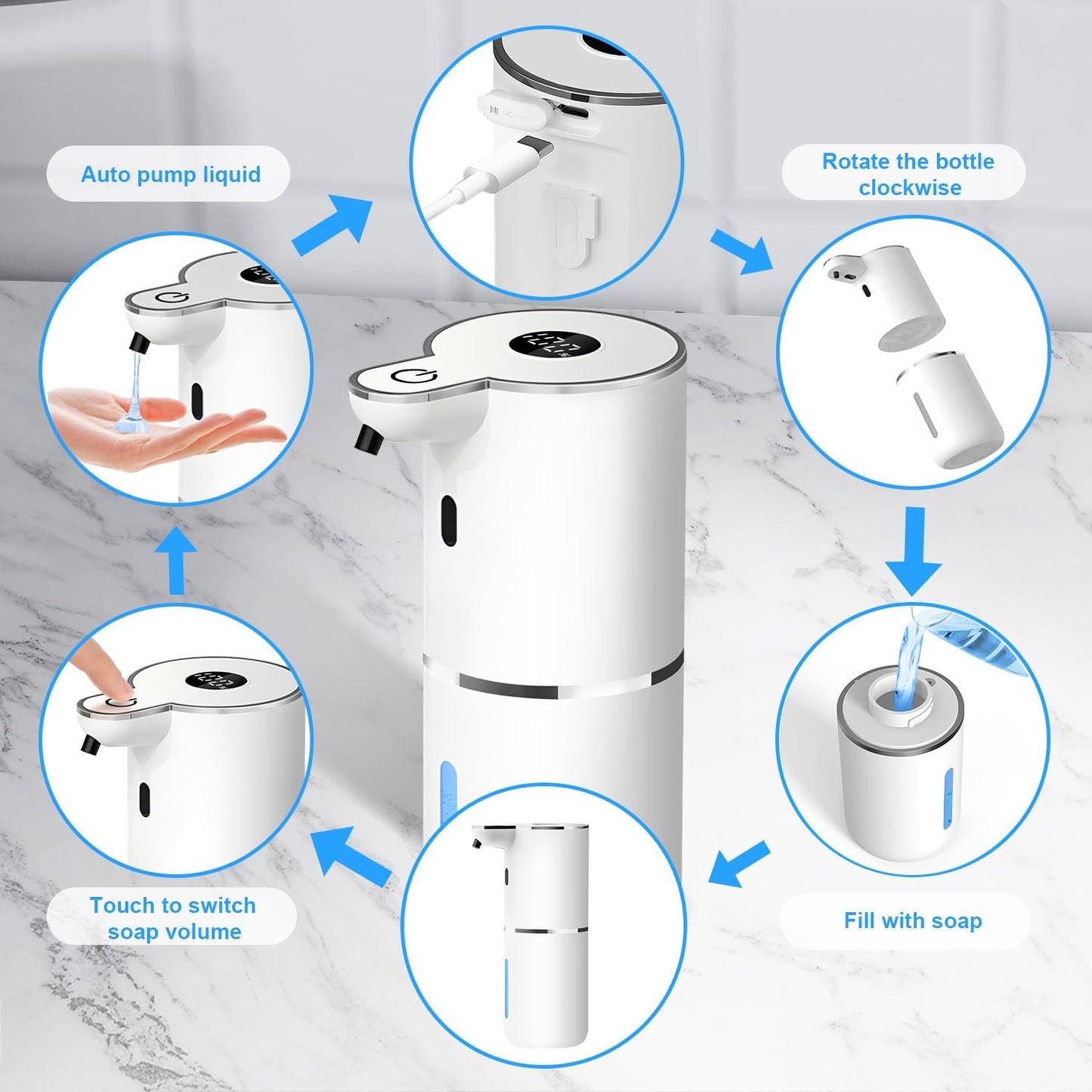 Automatic Liquid Soap Dispenser,6 Level Adjustable Liquid, Wall Mount Soap Dispenser,USB Rechargeable with LED Display,12.8oz/ 380ml Touchless Hand & Dish Dispenser for Bathroom, Kitchen