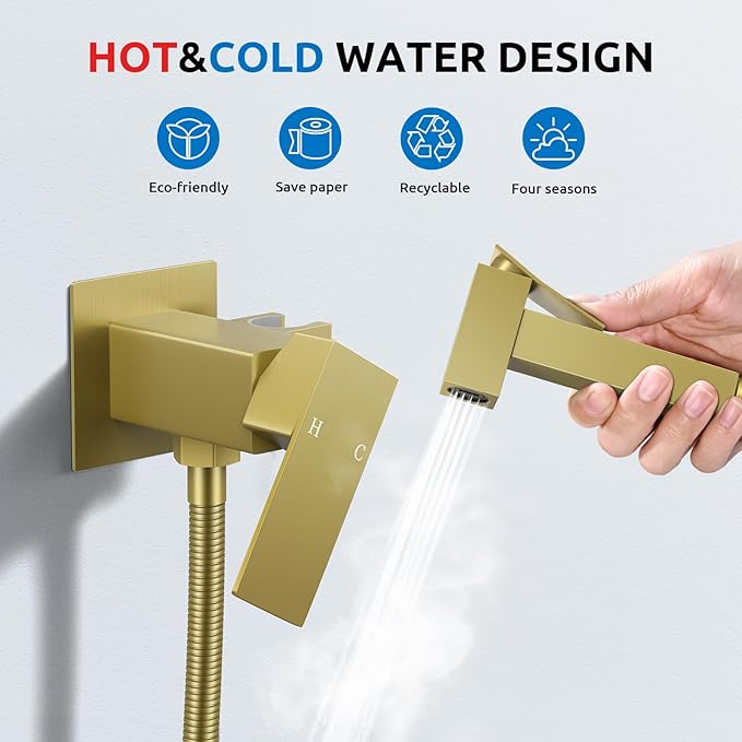 Arofa Warm Water Bidet Sprayer for Toilet with Hot and Cold Rough-in Valve, Hands-Free Handheld Jet Spray with Adjustable Water Flow, Square Toilet Sprayer with Bidet Hose for Feminine Wash, Gold