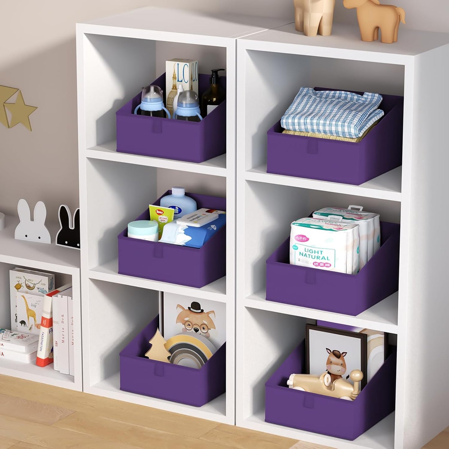 DIMJ Closet Storage Bins 8 Pack - Fabric Trapezoid Closet Organizer Bin, Foldable Storage Baskets for Shelves, Closet Shelf Organizer, Clothing Storage Box for Toys, Books, Towel, Clothes, Purple