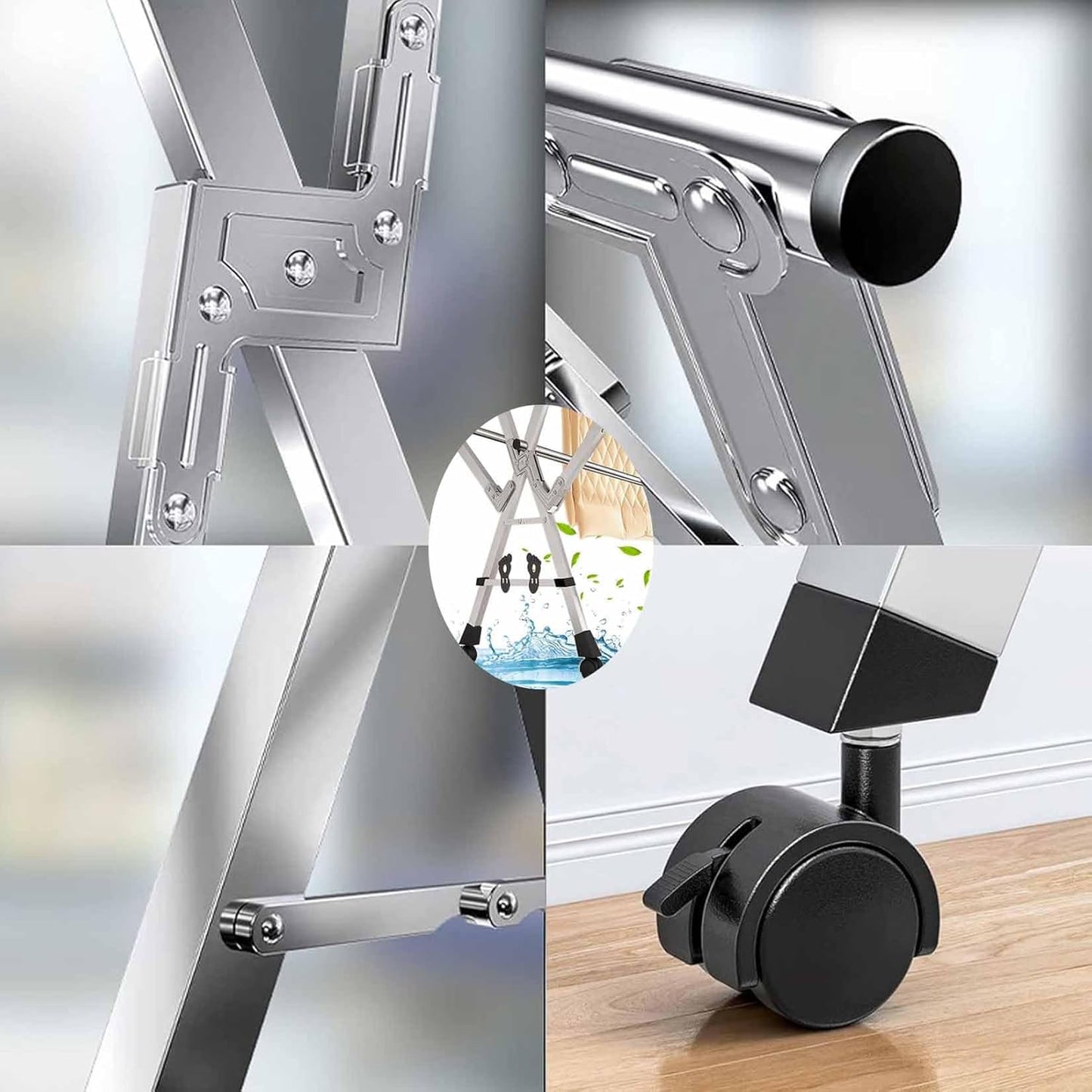 5Poles Clothes Drying Rack,Stainless Steel Laundry Rack with Wheels, Blanket Rack Clothesline, Extendable,with Windproof Hooks,for Indoor Outdoor