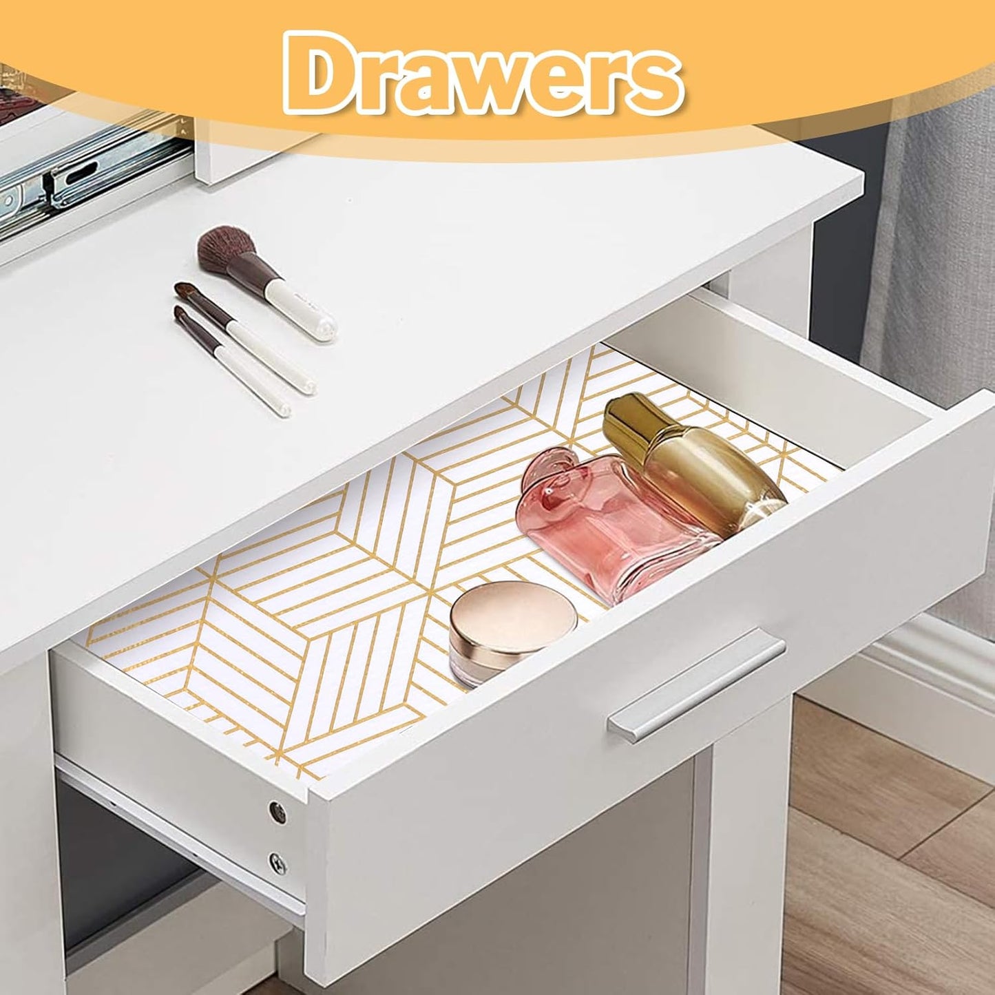 Shelf Liners for Kitchen Cabinets Non Adhesive Shelf Liner Paper Non-Slip Thickened Drawer Liner Easy to Clean for Tool Box Refrigerator with Knife and Tape Measure, Gold Geometric, 23.6 x 236.2 in