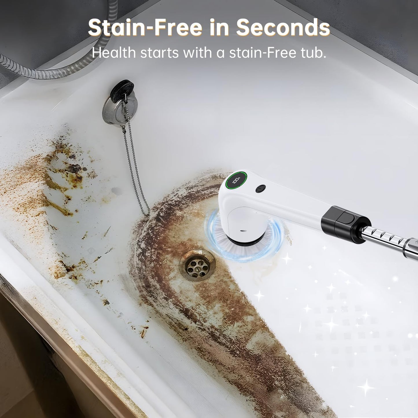 Electric Spin Scrubber, Cordless Shower Scrubber with 8 Scrub Brush, 2 Speed with Adjustable Extension Handle, Battery Level Display, Power Scrubber for Bathroom Bathtub Tile Floor (Black)