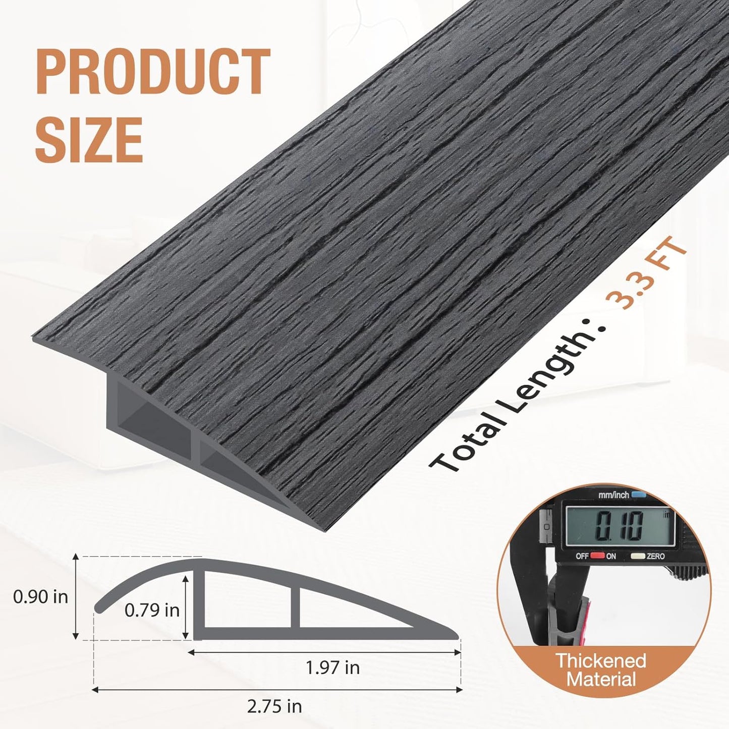Floor Transition Strip Self Adhesive Vinyl Door Threshold for Doorways Carpet Edging Trim Overlap Edge Reducer for Laminate Floor, Carpet, Tile (Deep Gray Wood Grain, 3/5" to 4/5", 3.3Ft)
