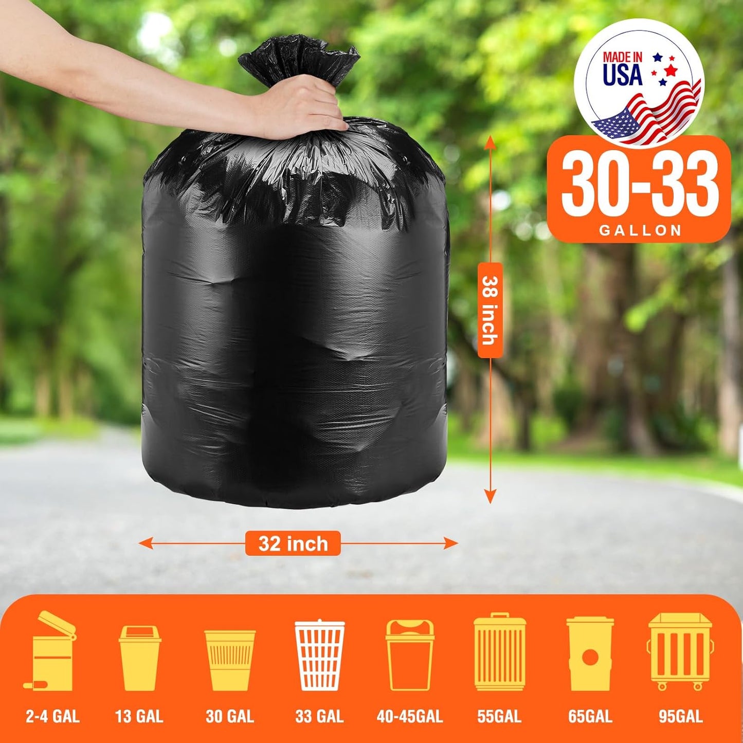 Delxo 30-33 Gallon Black Trash Bags, 250 Count – Medium Duty Garbage Bags, Thick, Durable & Puncture-Resistant Plastic Bolsas para basura, Perforated Design– Made in USA for Kitchen, Yard, Office