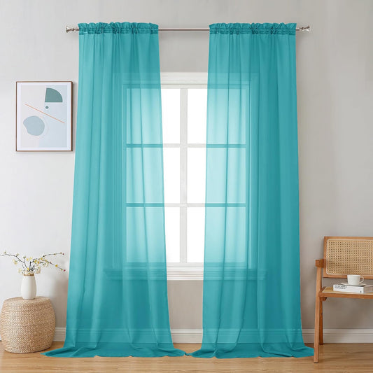 Chyhomenyc Sheer Turquoise Curtains 90 inches Long 2 Panels, Light Filtering Soft Airy Solid Elegant Voile Window Treatment Drapes for Bedroom Living Room Wedding Party Decor, 42 Wx90 L Inches
