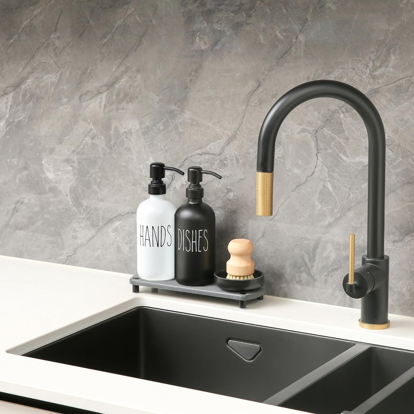 MOMEEMO Soap Dispenser for Kitchen Sink Comes with Stainless Pumps, Instant Dry Tray, and Dish Scrub Brush, Suitable for Black and White Kitchen Decor. (Black & White)