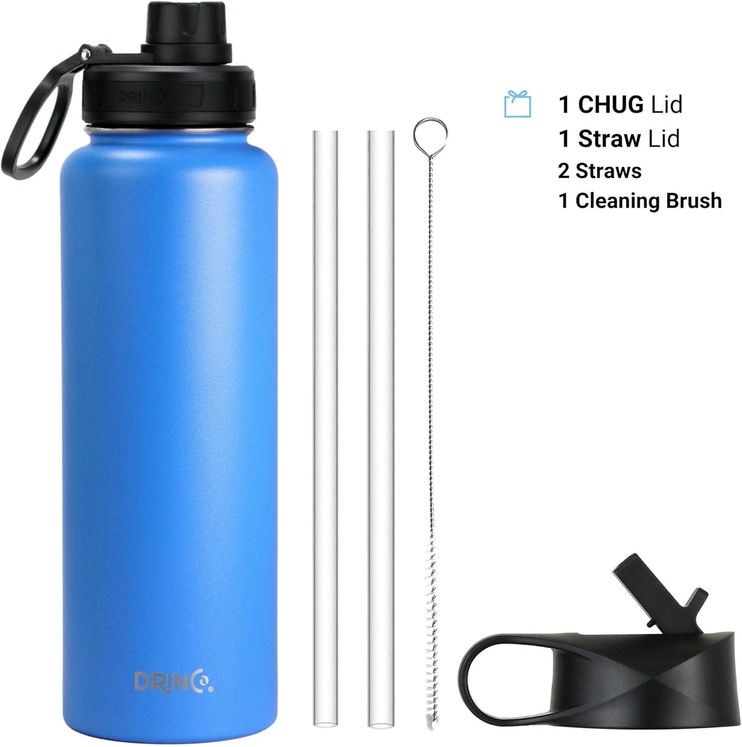 DRINCO Stainless Steel Water Bottle Spout Lid Vacuum Insulated Double Wall Water Bottle Wide Mouth (40oz 32oz 22oz 18oz 14oz) Leak Proof Keeps Cold or Hot (40 oz, 40oz Royal Blue)