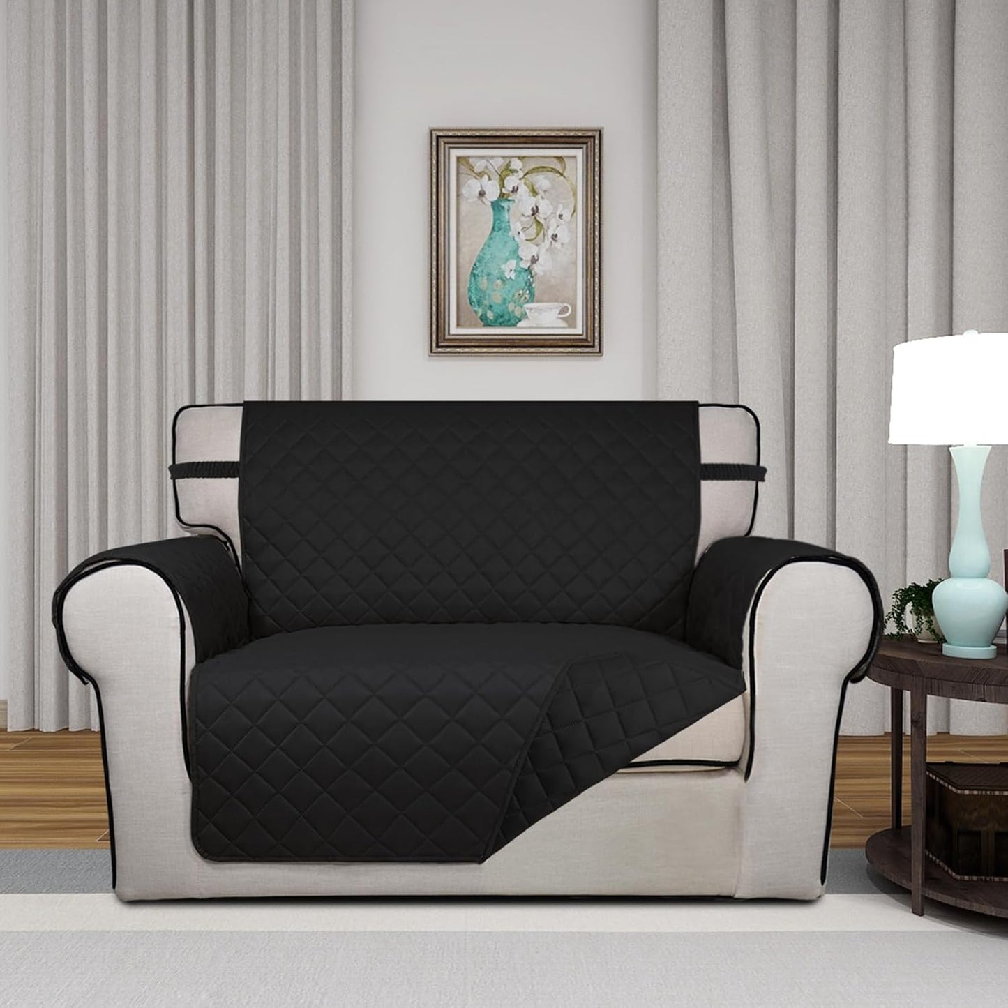 PureFit Reversible Quilted Sofa Cover, Water Resistant Slipcover Furniture Protector, Washable Couch Cover with Non Slip and Elastic Straps for Kids, Dogs, Pets (Oversized Chair, Black/Black)