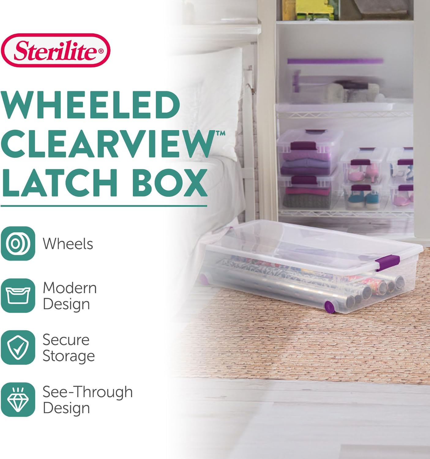 Sterilite 4-Pack 60 Quart ClearView Latch Box, Wheeled Underbed Organizer Bins with Latching Lids - Clear Plastic Organization Containers for Closet, Bedroom, Shelving Units and Everyday Home Storage